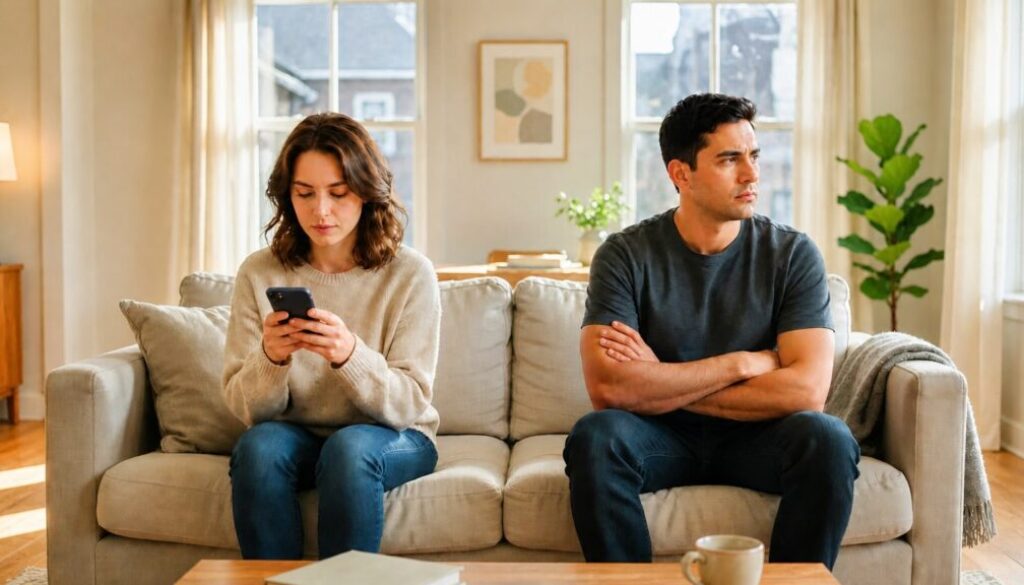 Partner looking at a phone while their spouse feels emotionally disconnected.