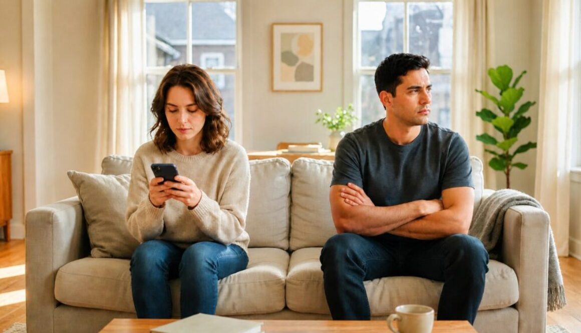 Partner looking at a phone while their spouse feels emotionally disconnected.