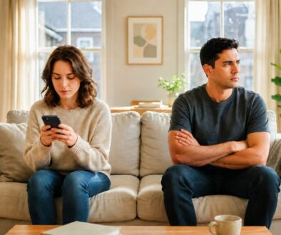 Partner looking at a phone while their spouse feels emotionally disconnected.