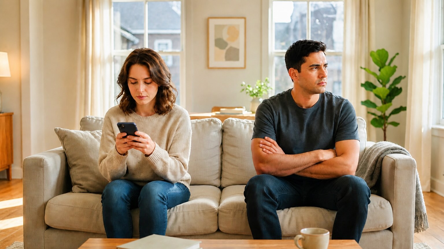 Partner looking at a phone while their spouse feels emotionally disconnected.